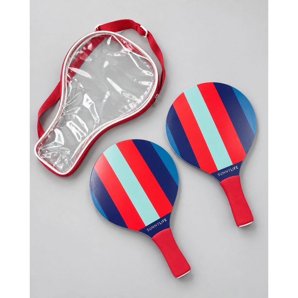 Sunnylife Beach Bat Set Striped Wooden Paddles Red Blue Aqua with Carry Case